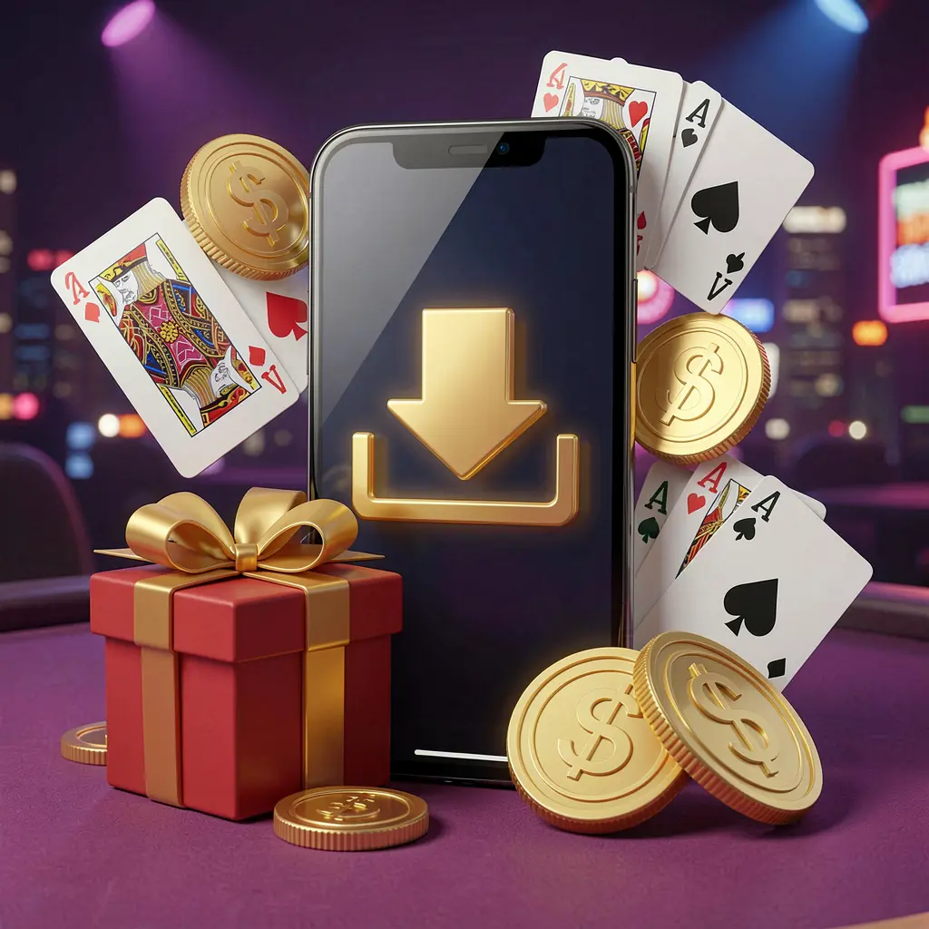 FF66 casino app download concept showing a smartphone with a download icon surrounded by golden coins, a gift box, and playing cards in a modern mobile gaming atmosphere