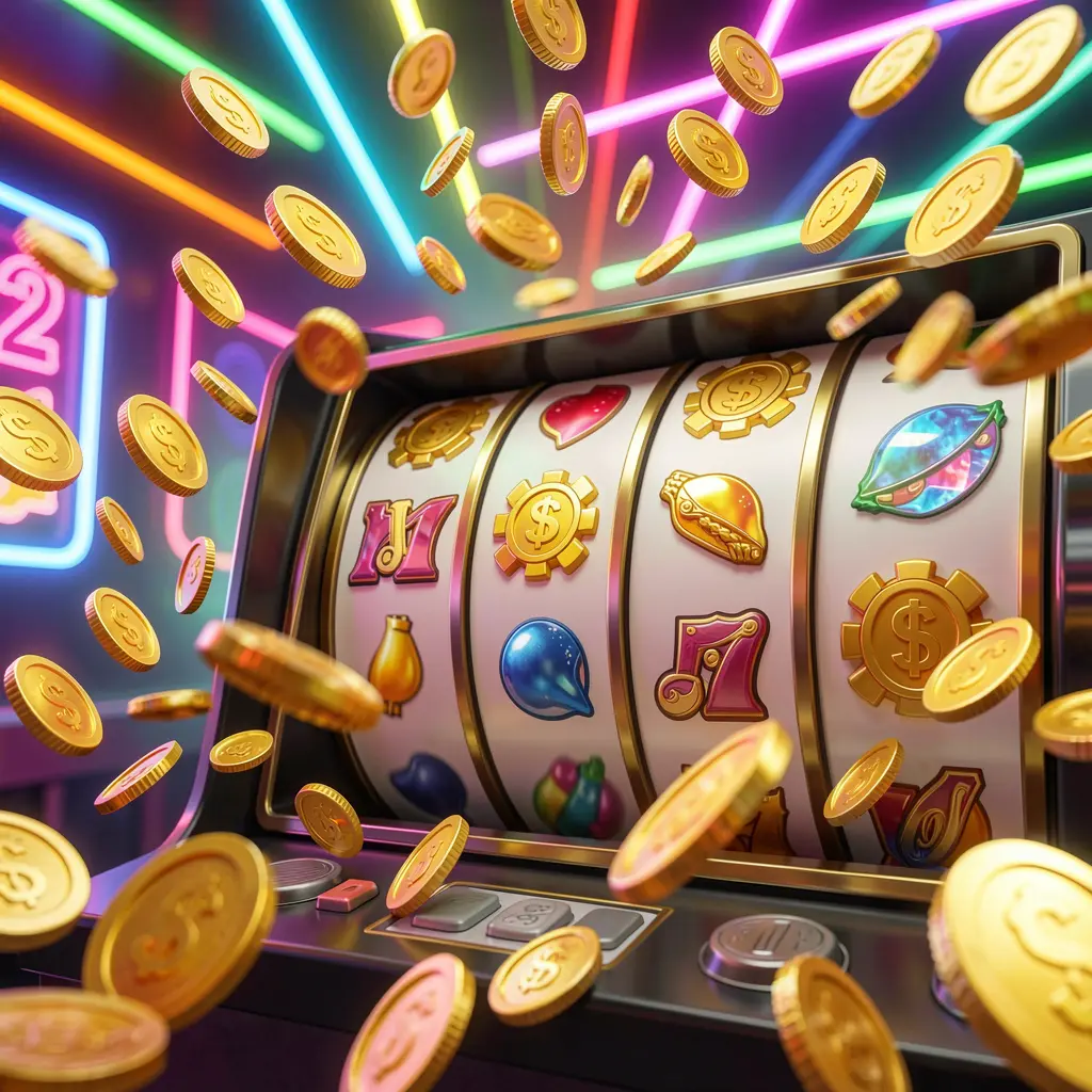 FF66 free spins casino bonus image featuring slot machine reels spinning with golden coins flying everywhere and colorful neon lights creating an exciting jackpot mood in a premium 3D illustration