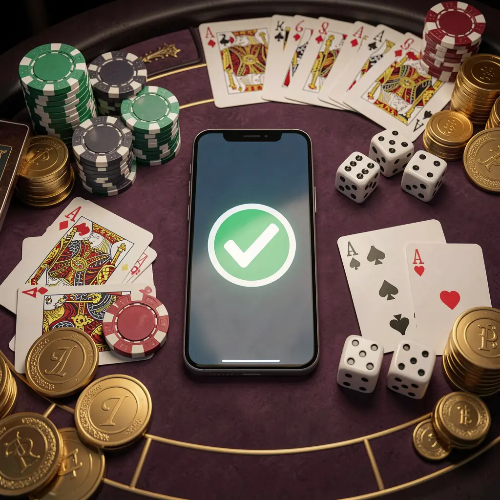 FF66 safe casino login concept showing a smartphone with a verification checkmark icon surrounded by chips, cards, dice, and golden coins on an elegant luxury casino table in a 3D realistic render