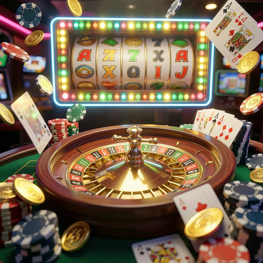 FF66 casino homepage visual featuring a realistic 3D render of a roulette wheel, poker chips, playing cards, golden coins, and bright neon jackpot lights in a dynamic composition