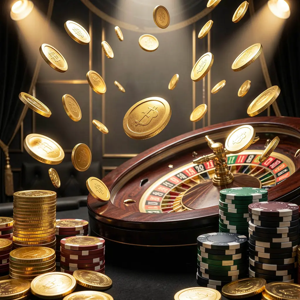 FF66 online casino main page background featuring dramatic casino lights, flying golden coins, stacked poker chips in the foreground, and a roulette wheel behind in a luxury black and gold atmosphere